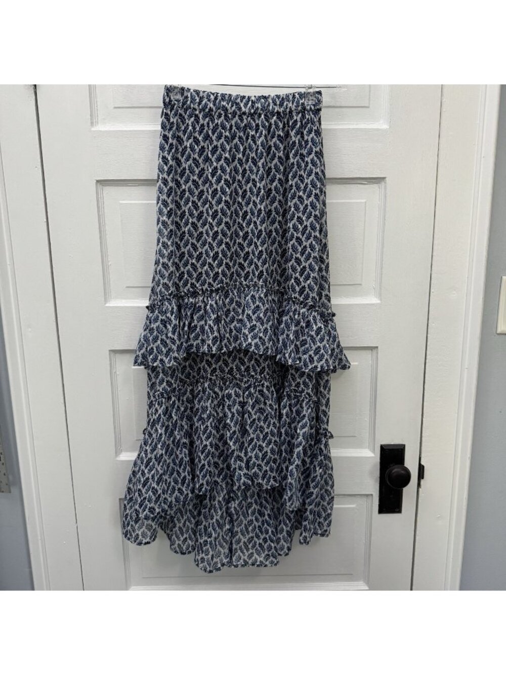 H&M Women’s XS Blue White Botanical Tiered Ruffle High Low Maxi Skirt